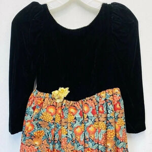 PLUM PUDDING Girls Long Sleeve Pull Over Zip-Up Floral Black Velvet Dress Size 8